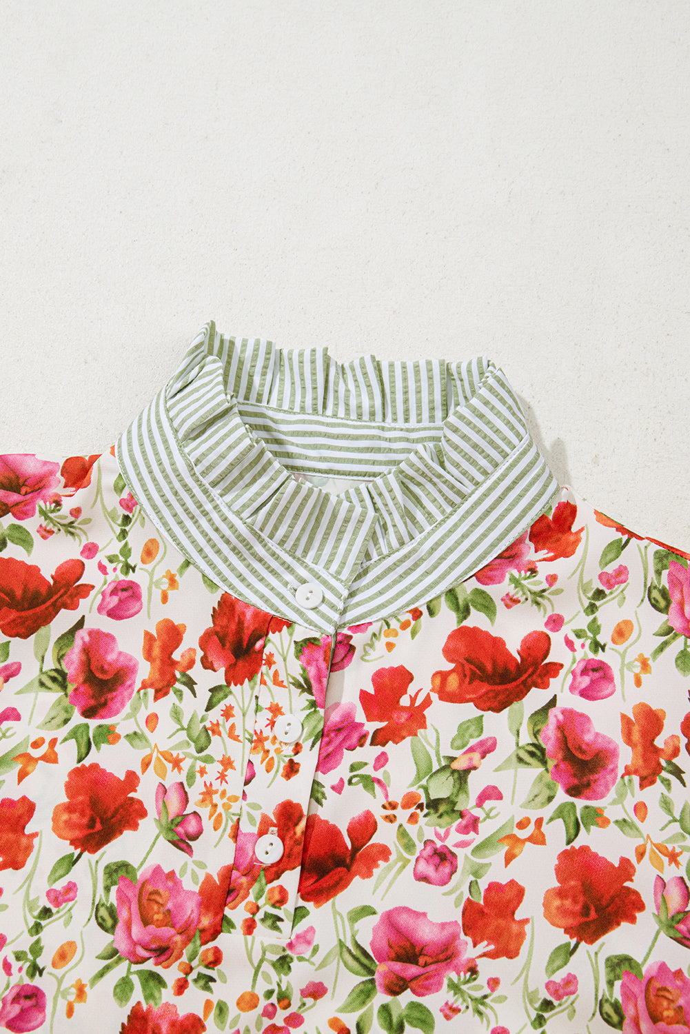 Red Floral Print Striped Patchwork Collared Short Sleeve Blouse eAura