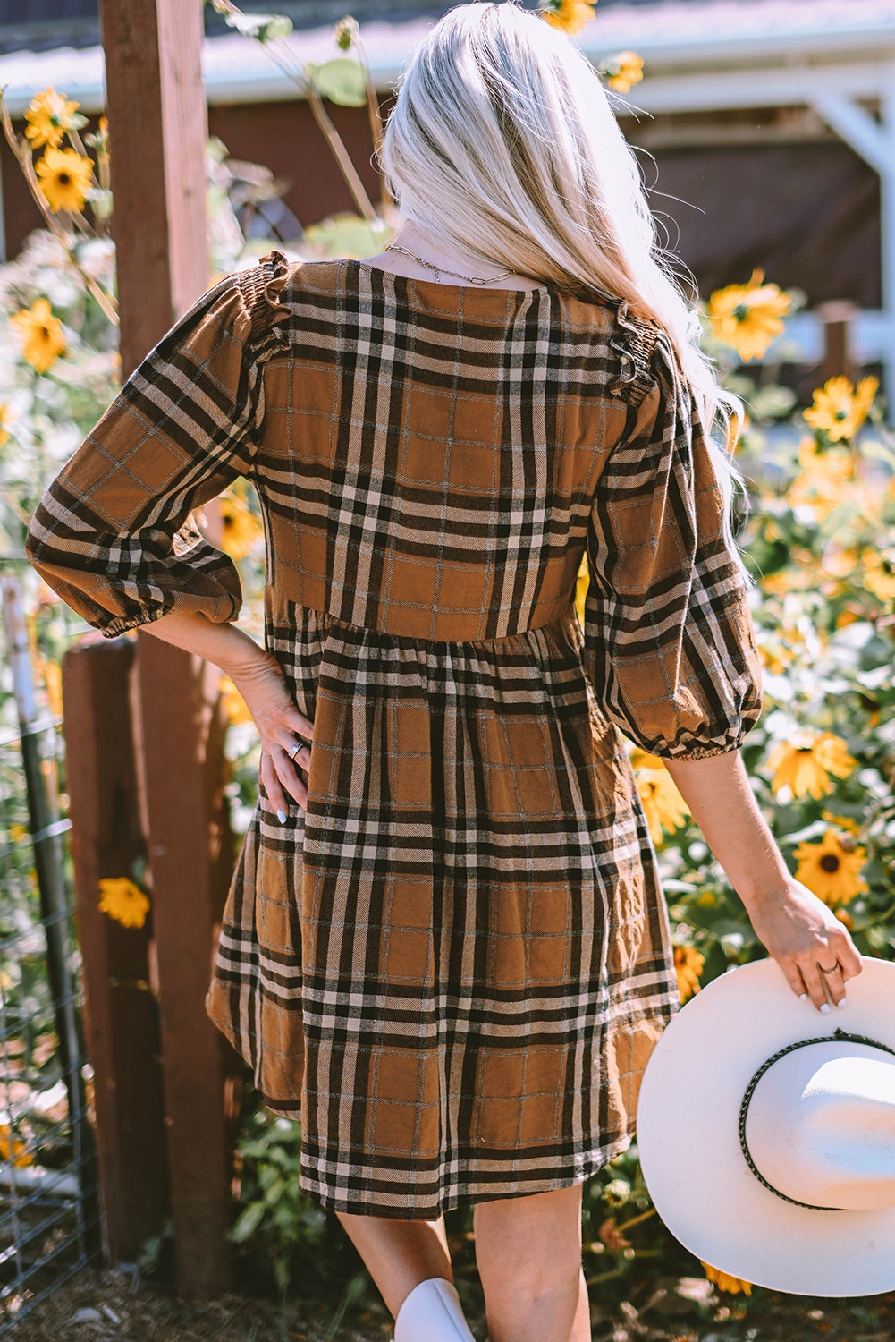 Brown Plaid Pattern Empire Waist Babydoll Dress eAura