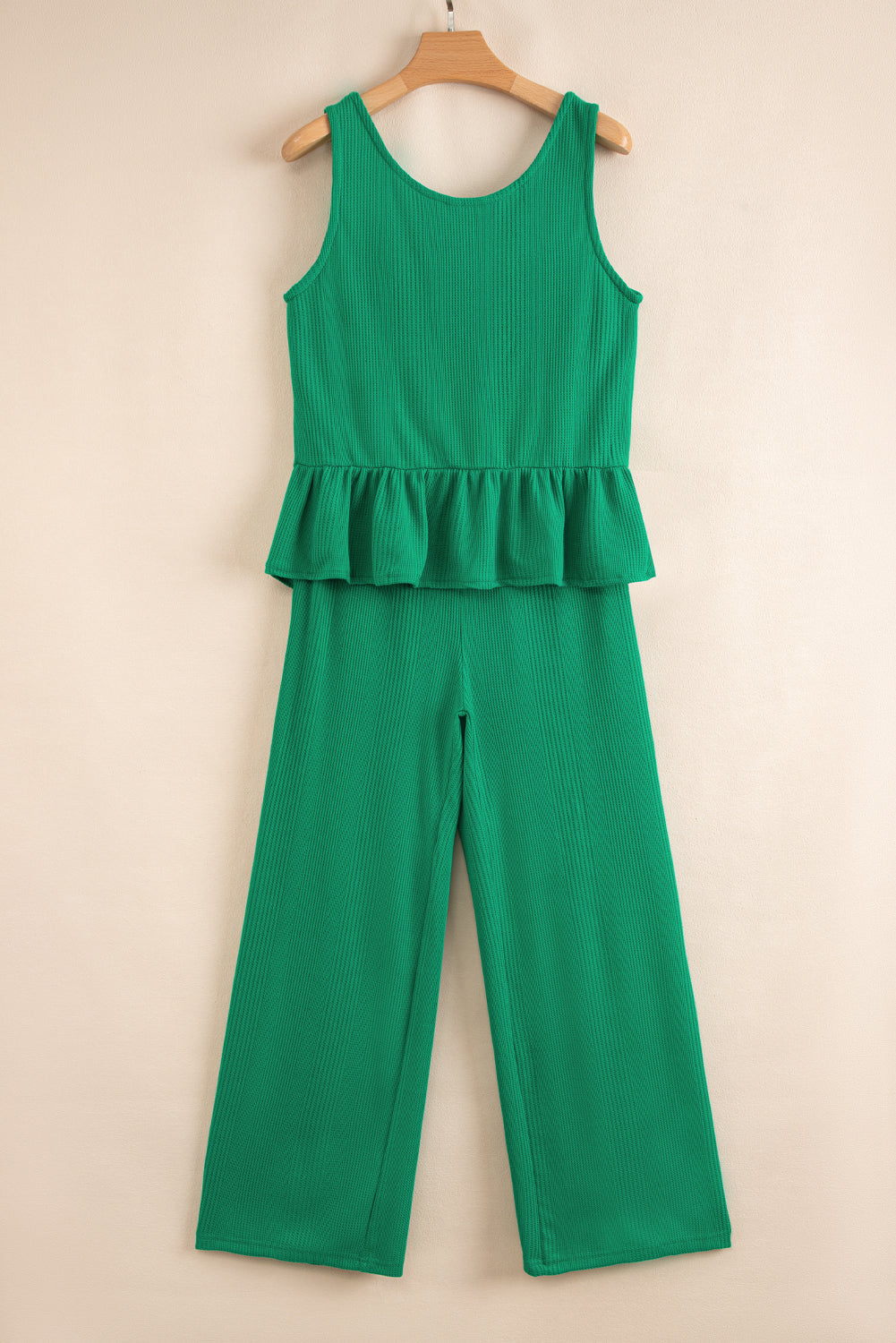 Green Solid Colour Ribbed Ruffle Tank Top and Trousers Set eAura