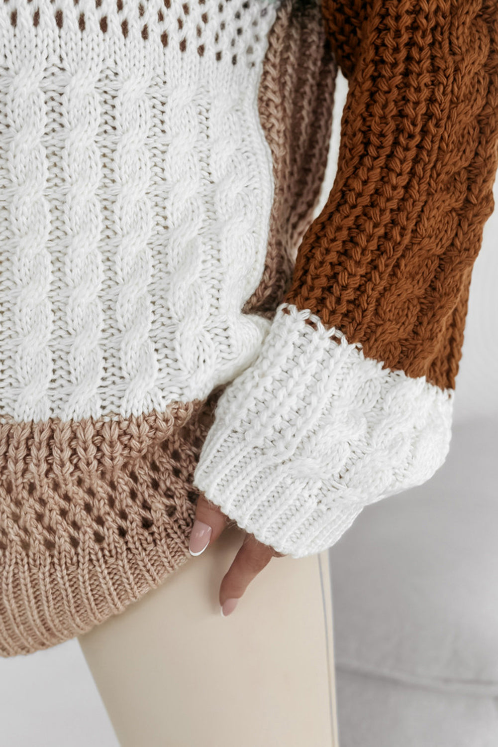 Khaki Mix Textured Knit Colourblock Patchwork Sweater eAura