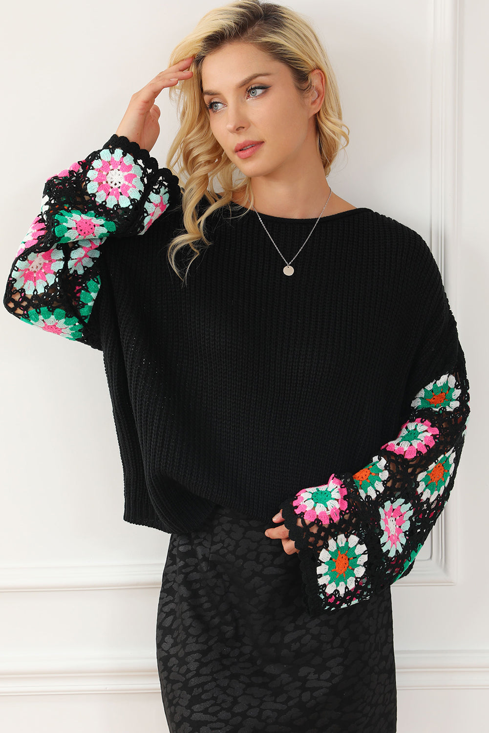 Black Floral Crochet Bell Sleeve Loose Sweater eAura