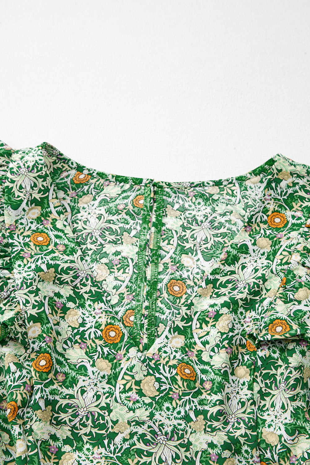 Green Flower Print Flutter Sleeve V Neck Sashed Ruffled Mini Dress eAura