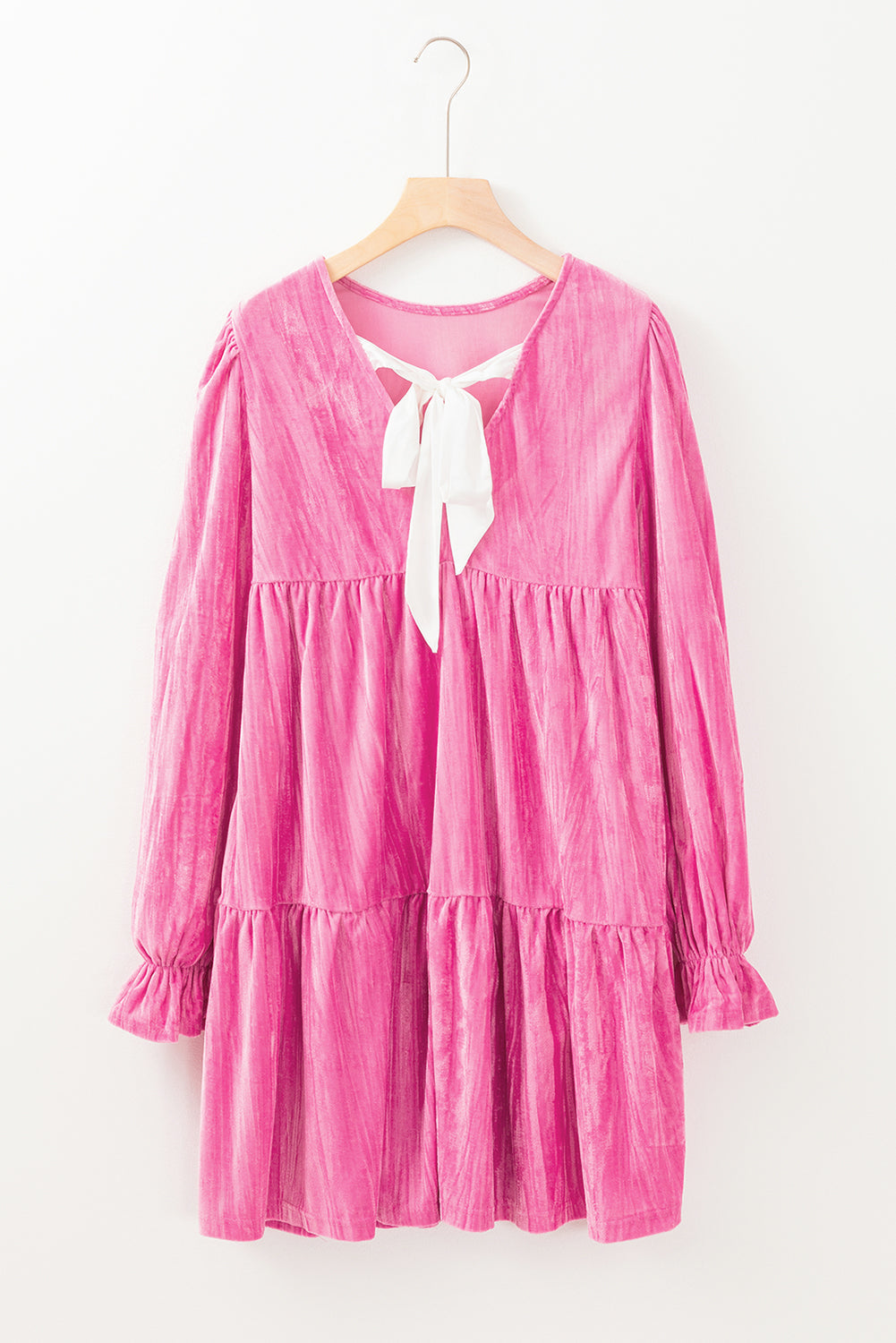 Strawberry Pink Flounce Sleeve Tiered Ruffled Velvet Mini Dress eAura