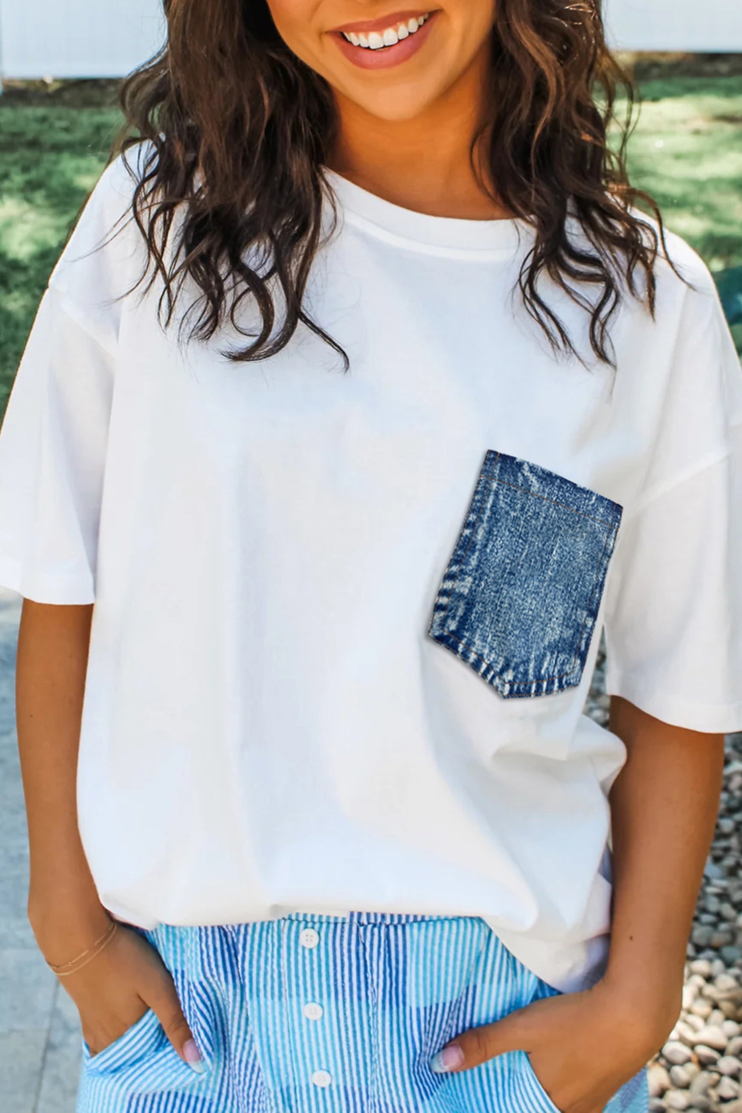 Colour Block Chest Pocket Patched Casual Short Sleeve Top