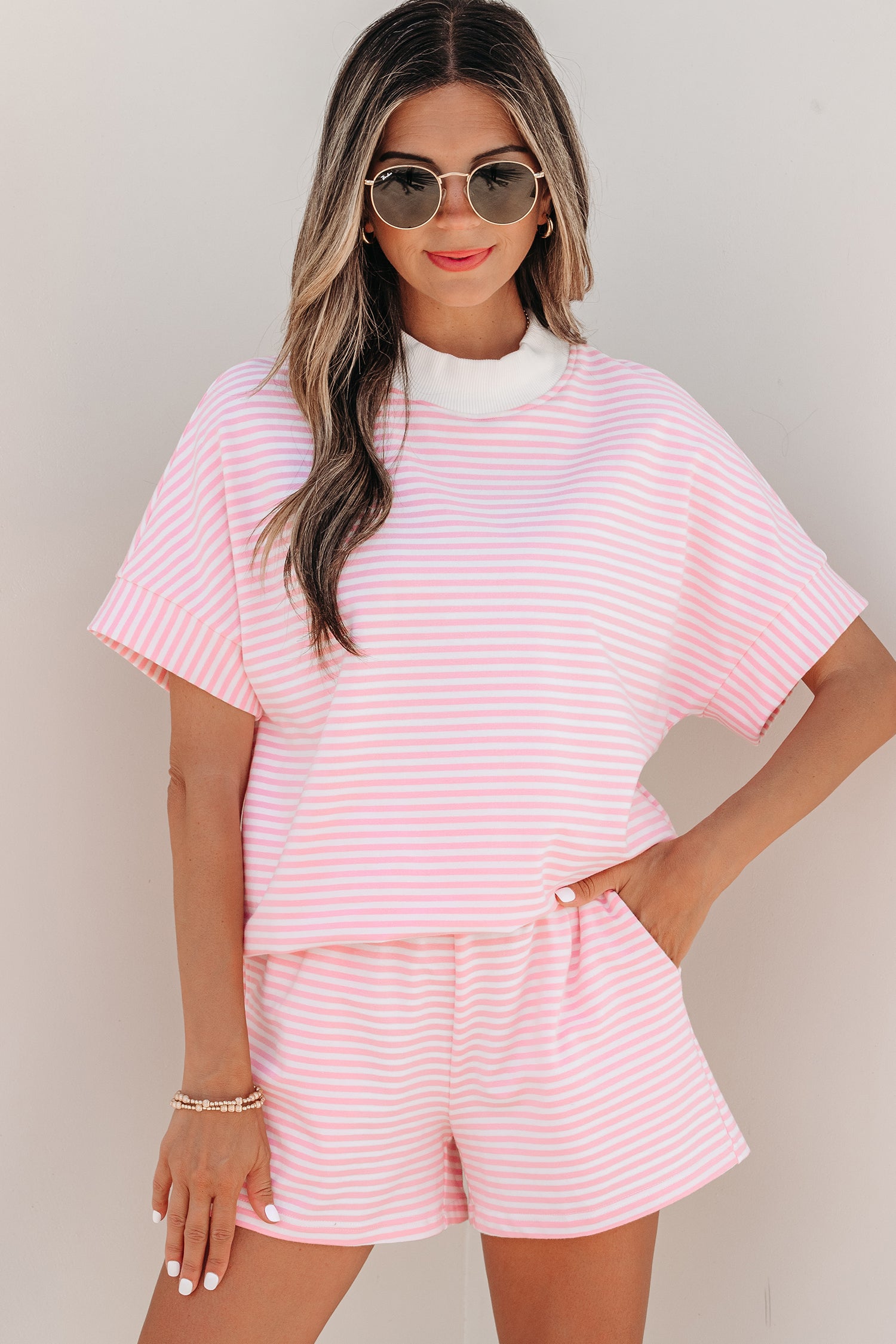 Stripe Cuffed Sleeve Contrast Mock Neck Tee Casual Co-ord Short Set