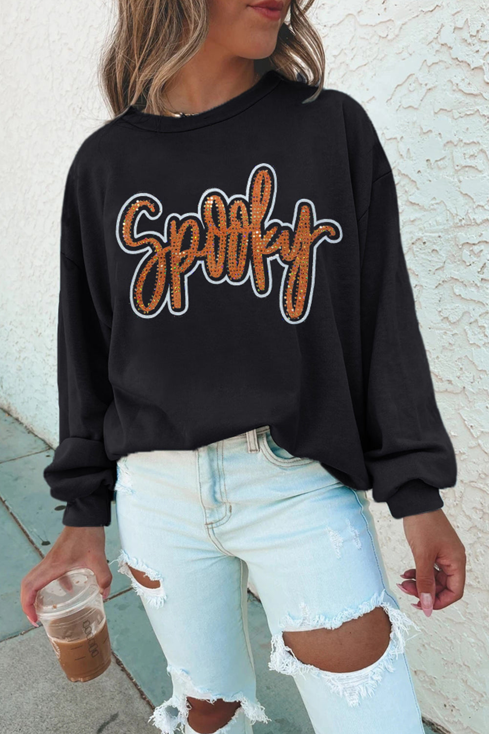 Spooky Rhinestone Drop Shoulder Graphic Sweatshirt – Black