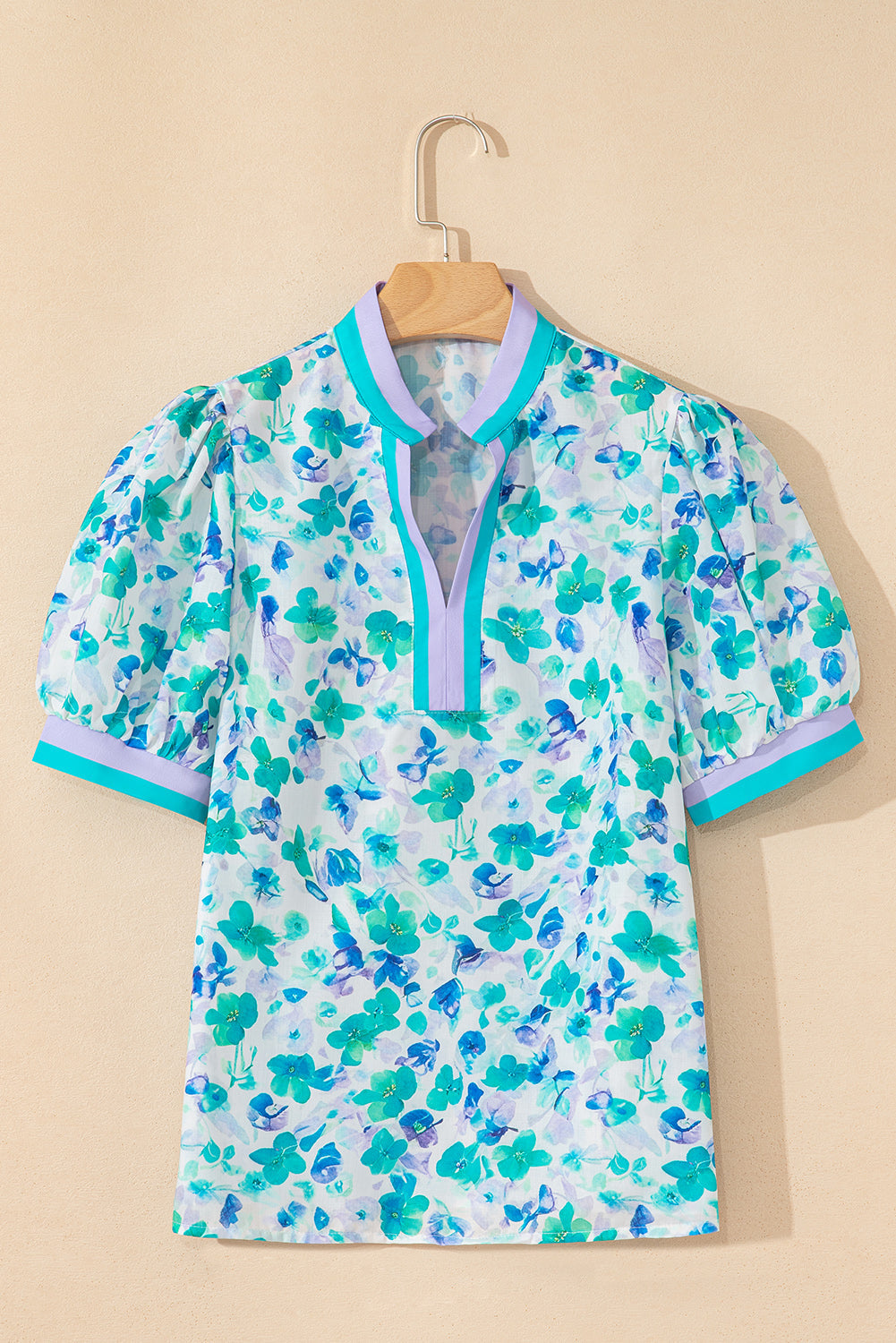Floral Print Striped Trim Split V-Neck Puff Short Sleeve Blouse eAura