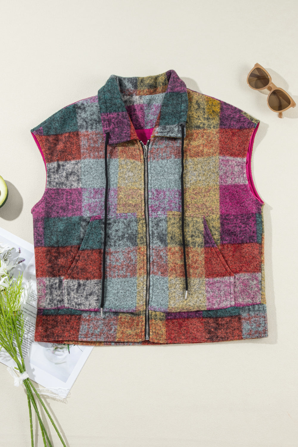 Multicolour Plaid Print Loose Sleeveless Jacket eAura