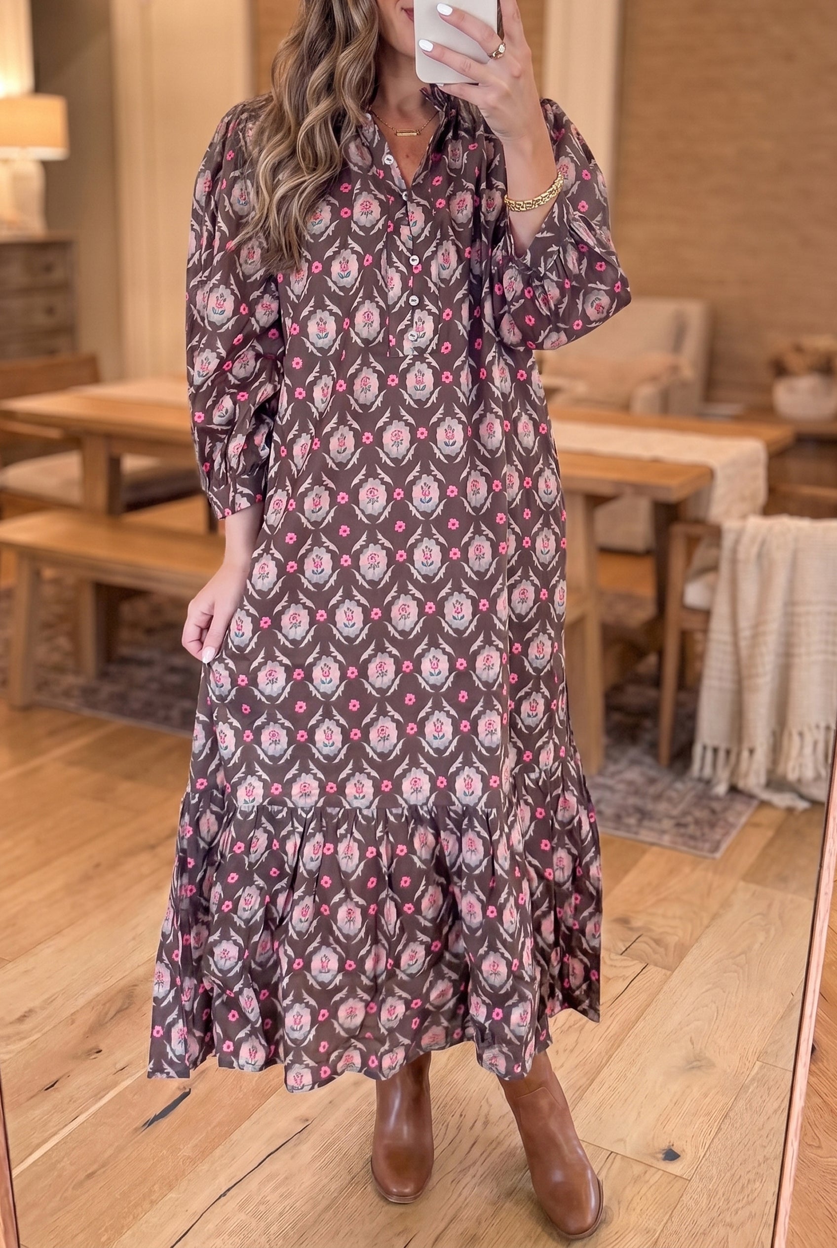 Floral Print Button Front Ruffle Hem Midi Dress – Brown