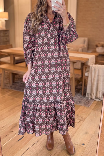 Floral Print Button Front Ruffle Hem Midi Dress – Brown