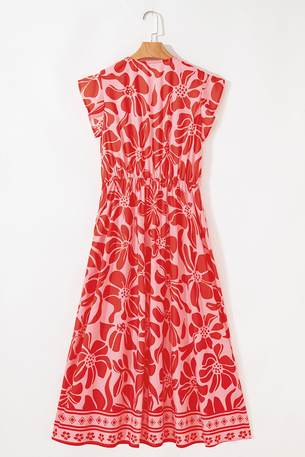 Floral Short Sleeve V-Neck Buttoned Shirred Waist Long Dress - eAura