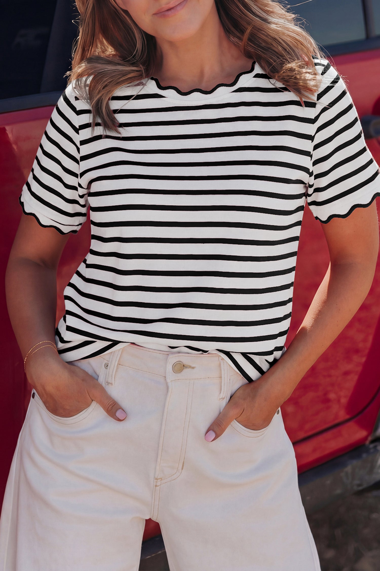 Stripe Scalloped Trim Round Neck T-Shirt