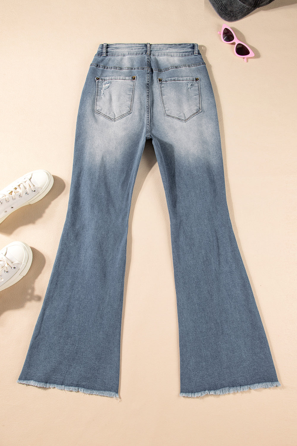 Dusk Blue Vintage Light Wash Ripped Raw Edge Flare Jeans Beagle Boutique Fashion Outlet
