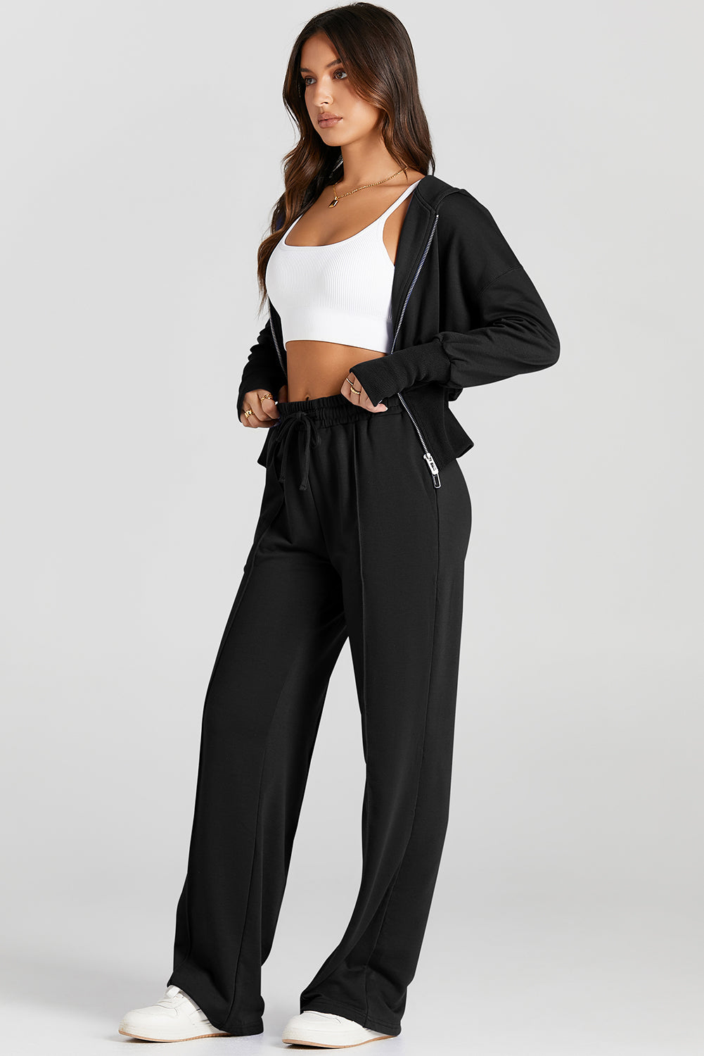Black Double Zipper Hooded Jacket and Sweatpants Active Set Dear-Lover Dropshipping