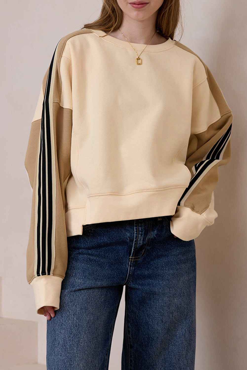 Beige Contrast Striped Patchwork Drop Shoulder Loose Sweatshirt eAura