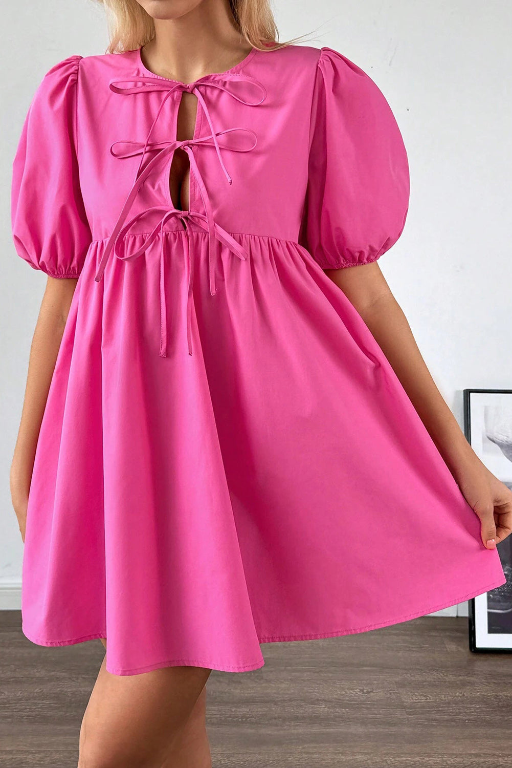 Bright Pink Solid Colour Puff Sleeve Tie Front High Waist Mini Dress eAura