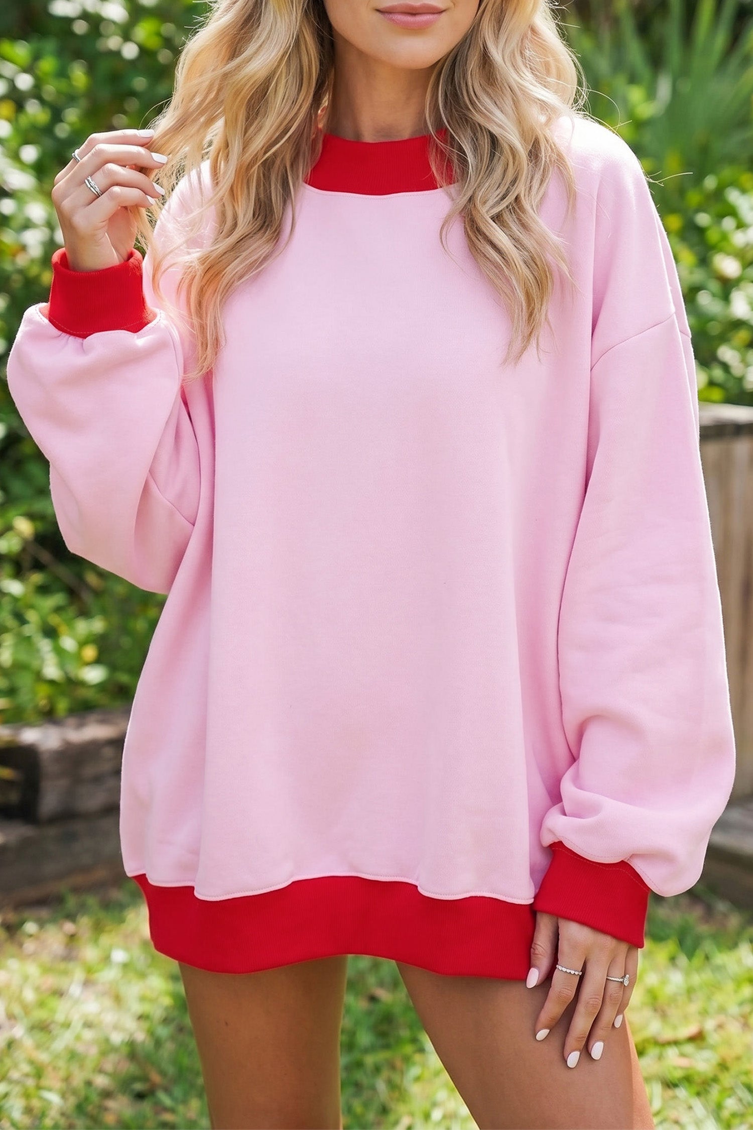Colorblock Trim Crewneck Long Sleeve Pullover Sweatshirt – Pink