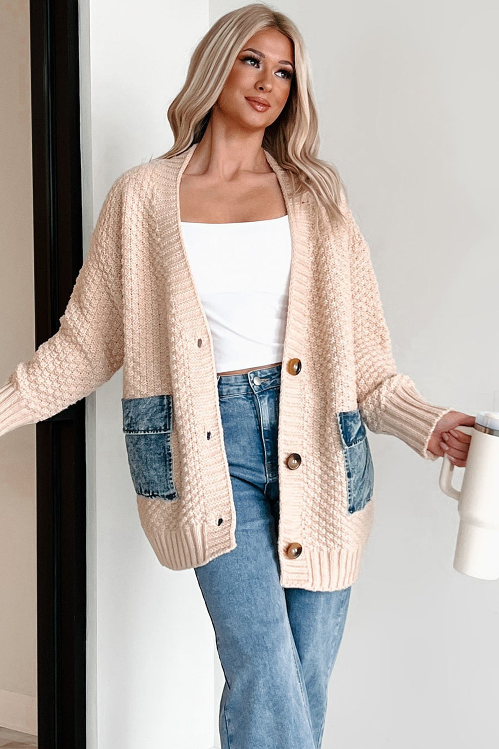 Open Front Knit Cardigan With Denim Pockets - eAura