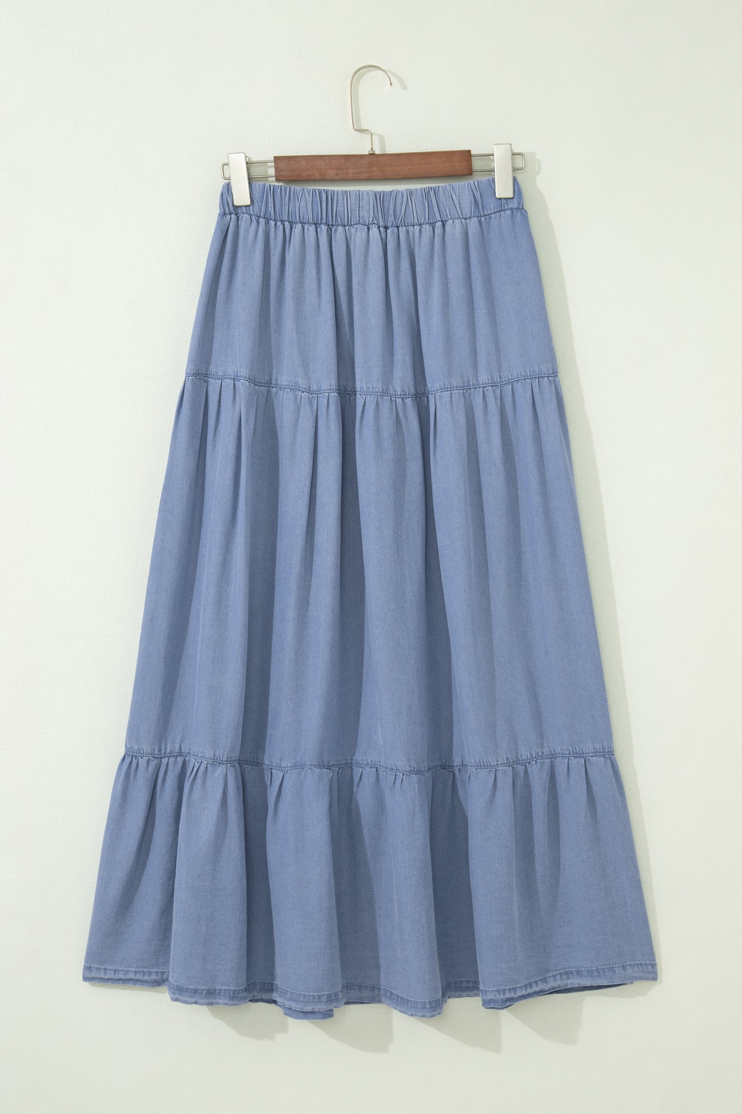 Elastic Waist Ruffled Tiered Flared Denim Maxi Skirt