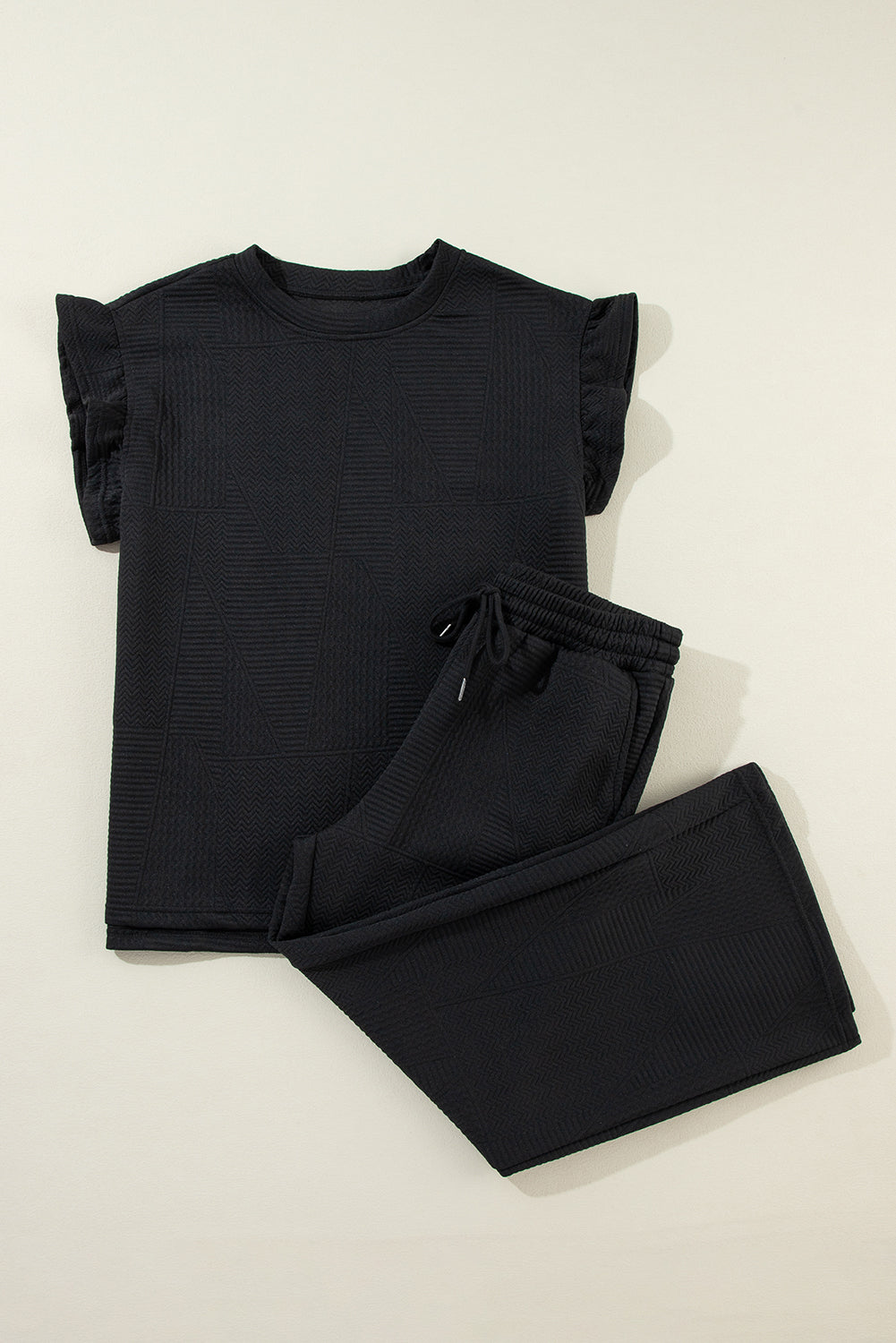 Dark Blue Ruffled Sleeve Summer Top and Cropped Loose Pants Set BB Fashion Outlet