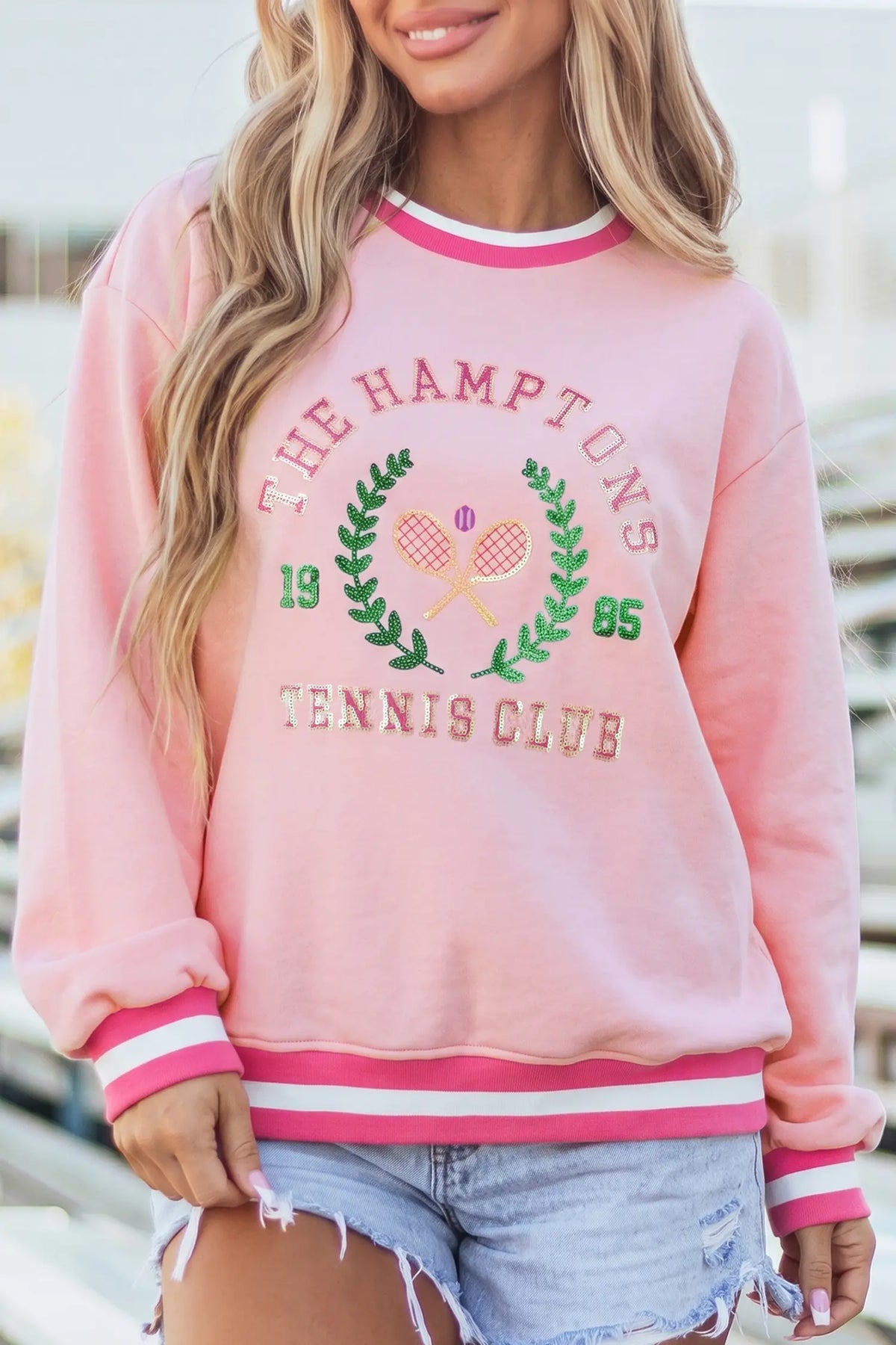 Embroidered Tennis Club Crew Neck Pullover Sweatshirt – Pink