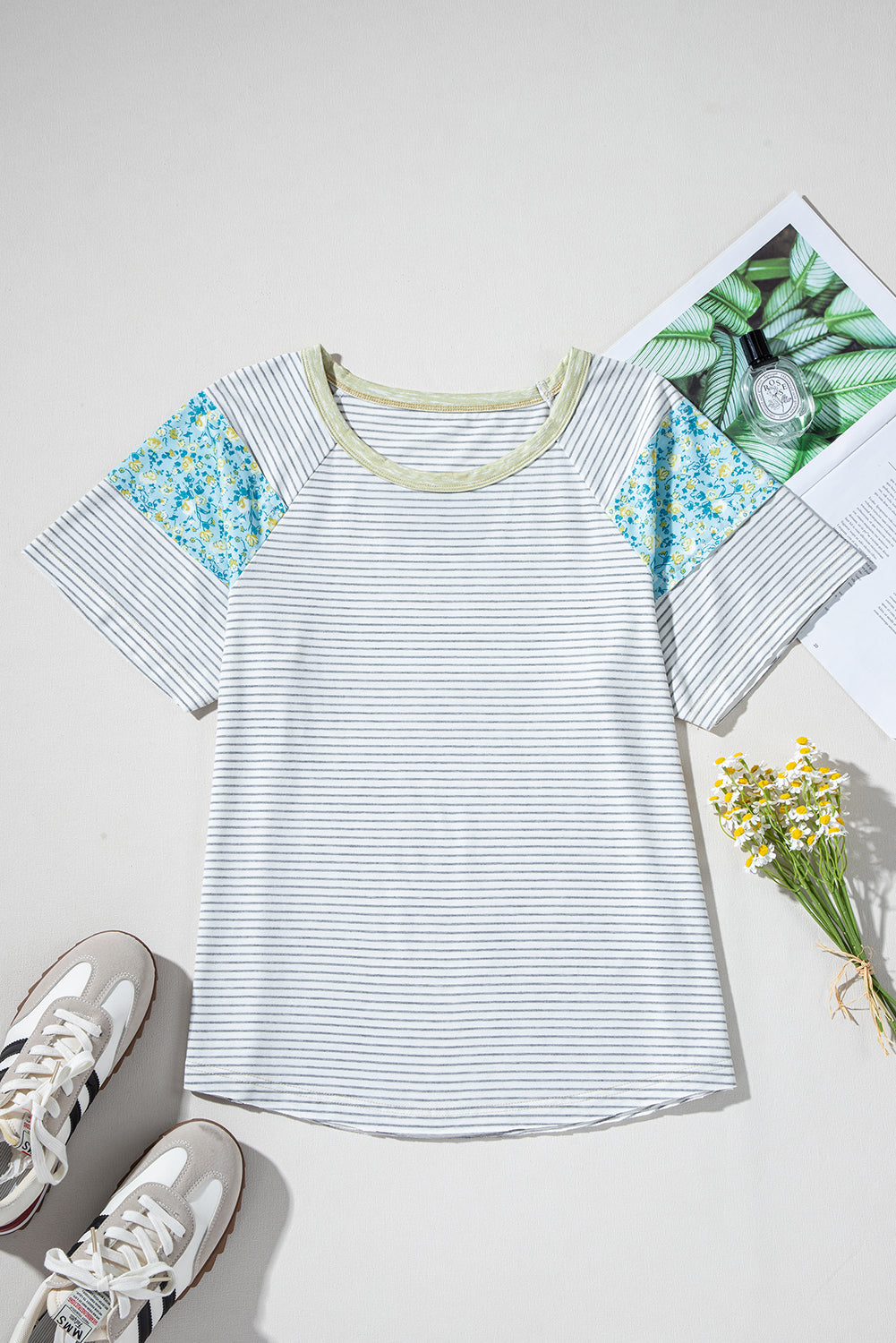 White Stripe Floral Insert Sleeves Contrast Round Neck Tee - eAura