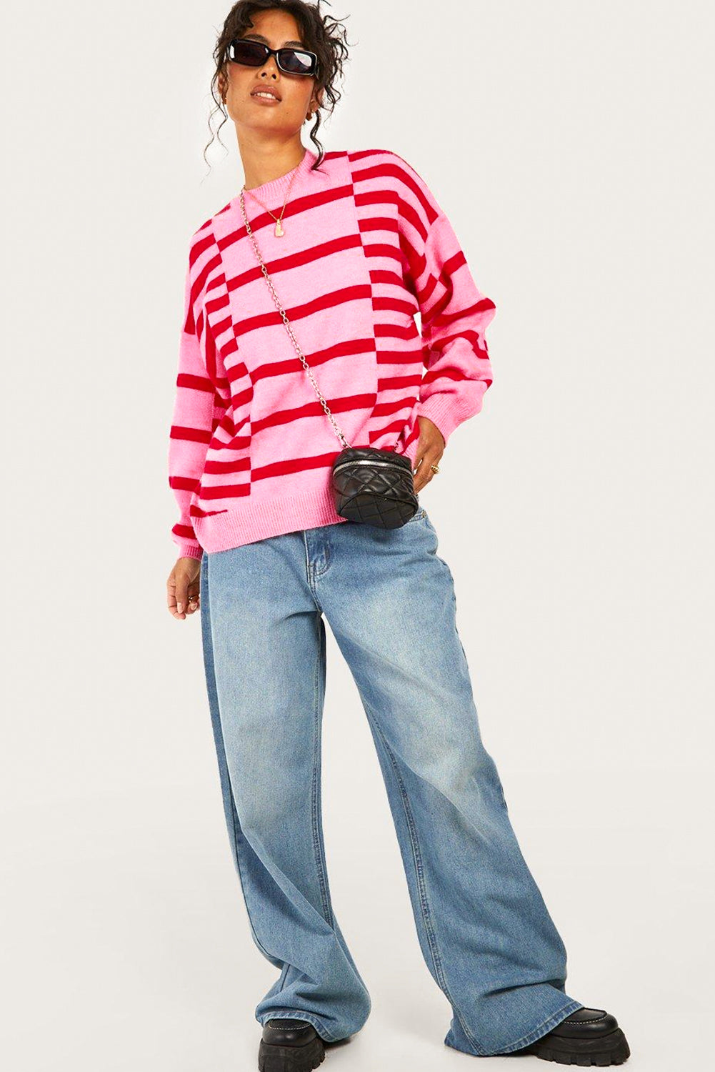 Pink Stripe Bubble Sleeve Drop Shoulder Ribbed Trim Sweater eAura