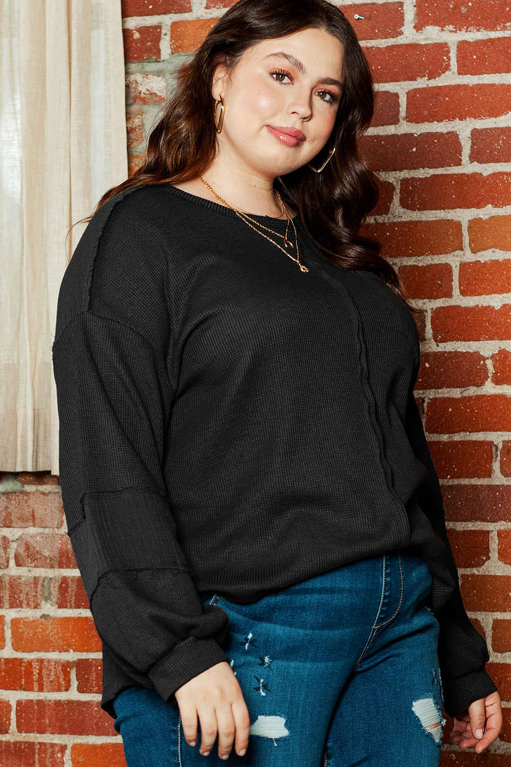 Black Plus Size Exposed Seam Crinkle Patchwork Top BB Fashion Outlet