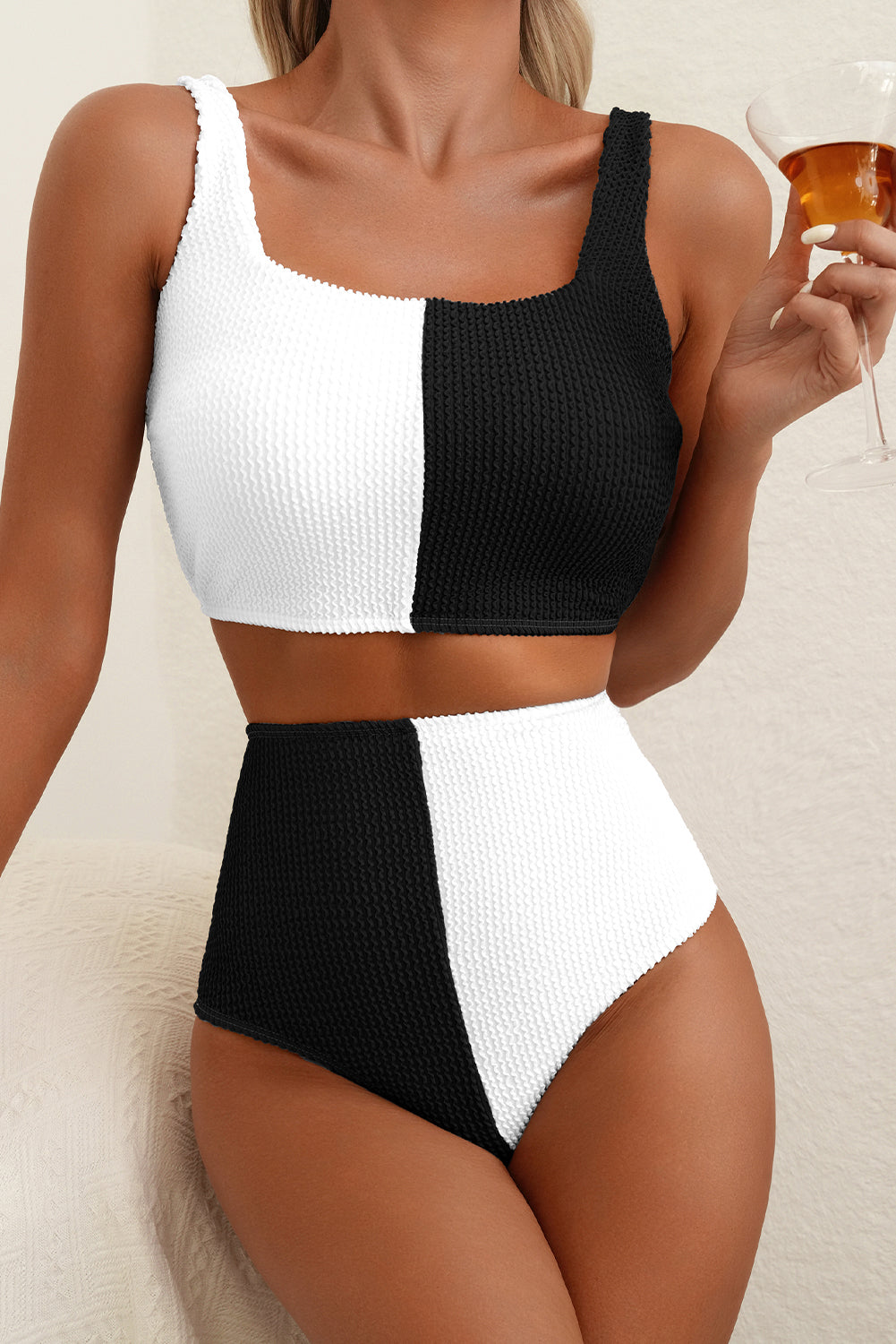 Corded Colorblock Square Neck High Waist Bikini Set