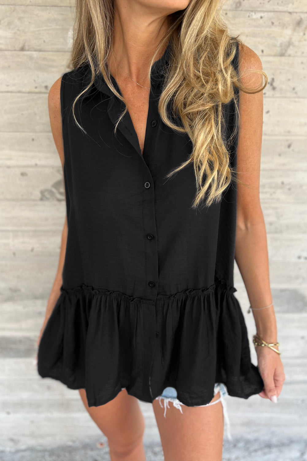 Black Sleeveless Buttoned Front Ruffle Hem Tunic Shirt eAura