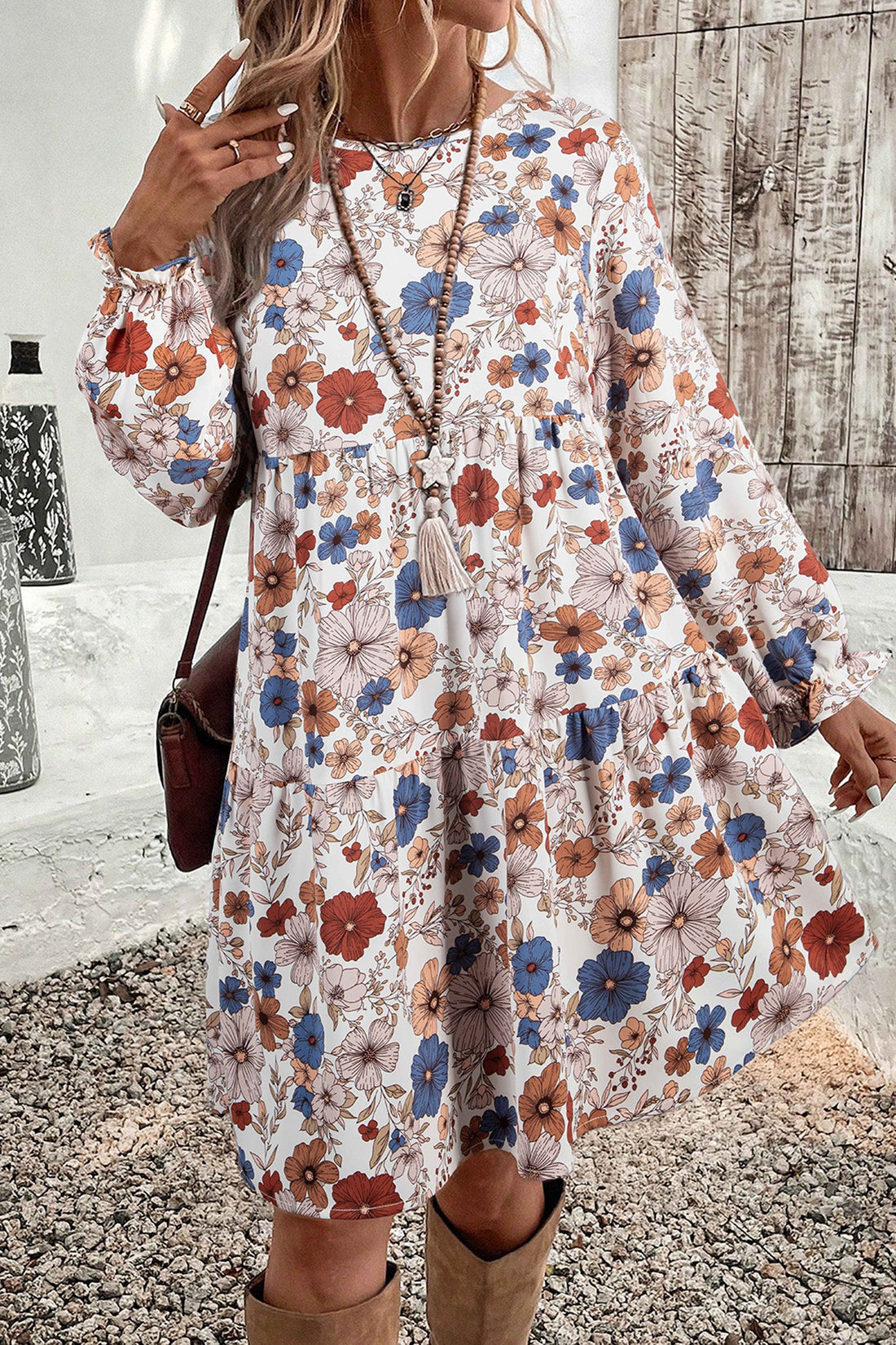 Tiered Floral Round Neck Ruffled Long Sleeve Dress - eAura