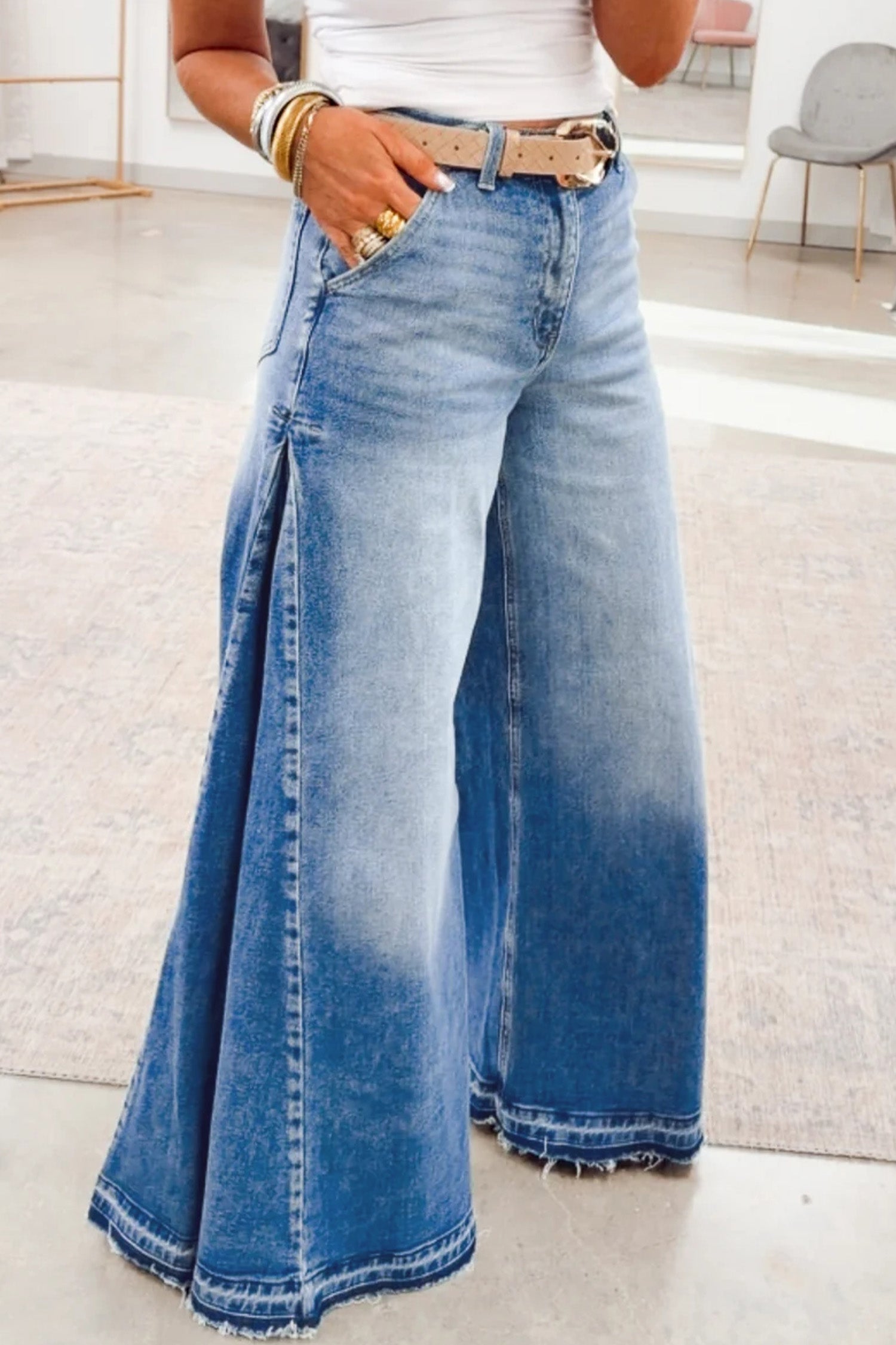 Myosotis Side Seam Gathering Flare Leg Jeans Full-length Denim Pants