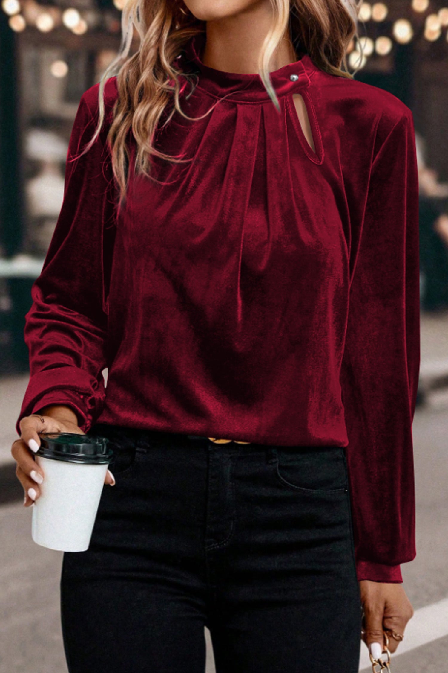 Asymmetric Button Keyhole Neck Long Sleeve Velvet Blouse - eAura