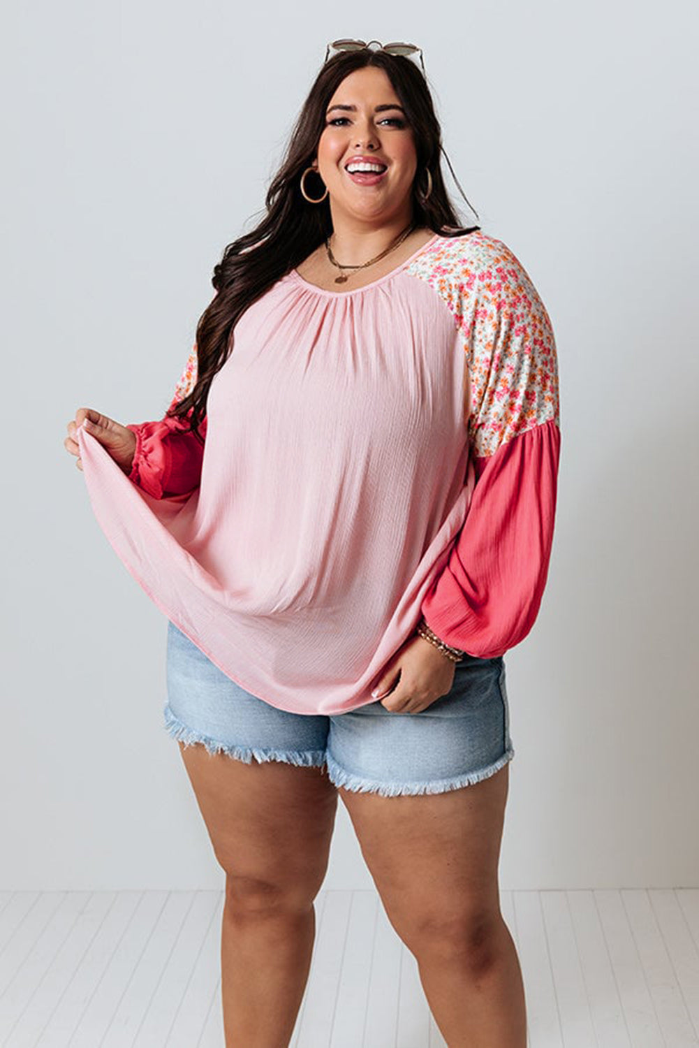 Pink Contrast Floral Patchwork Long Sleeve Plus Size Blouse BB Fashion Outlet