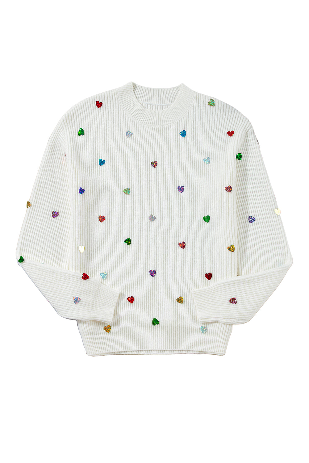 Beige Sequin Heart Shape Waffle Knit Round Neck Sweater eAura