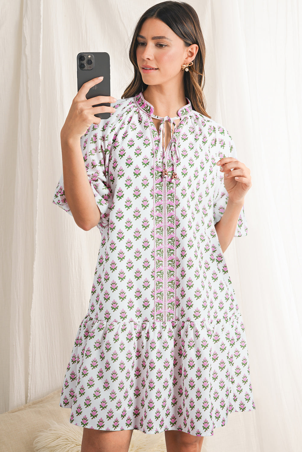 Pink Floral Print Bubble Sleeve Neck Tie Ruffled Dress eAura