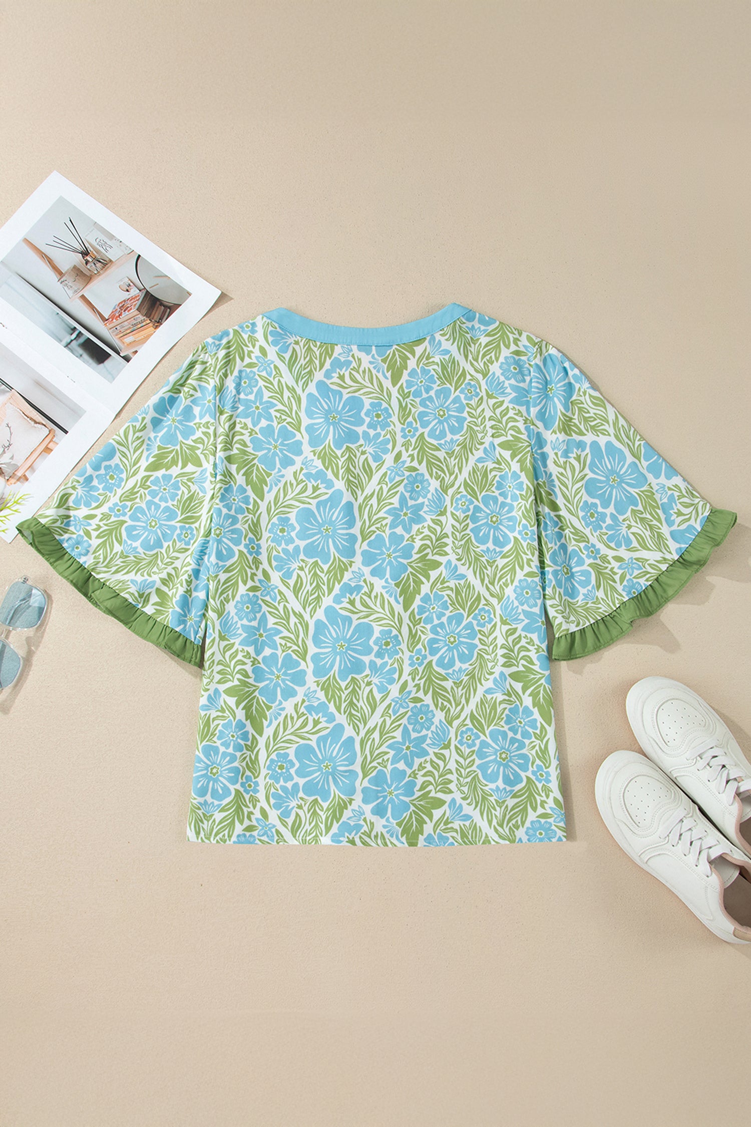 Floral Print Ruffled Color Block Trim Half Sleeve Blouse – Rose