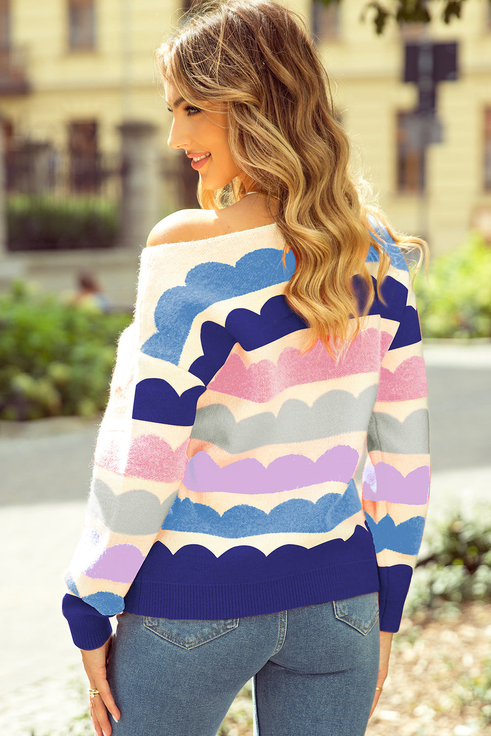 Dark Blue Wave Striped Balloon Sleeve Drop Shoulder Sweater eAura
