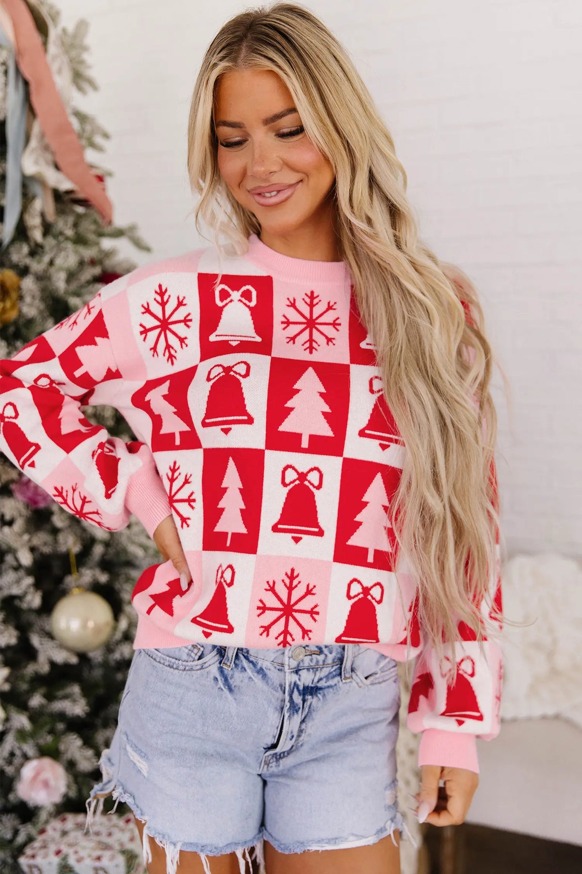 Pullover Christmas Plaid Round Neck Long Sleeve Tunic Sweater