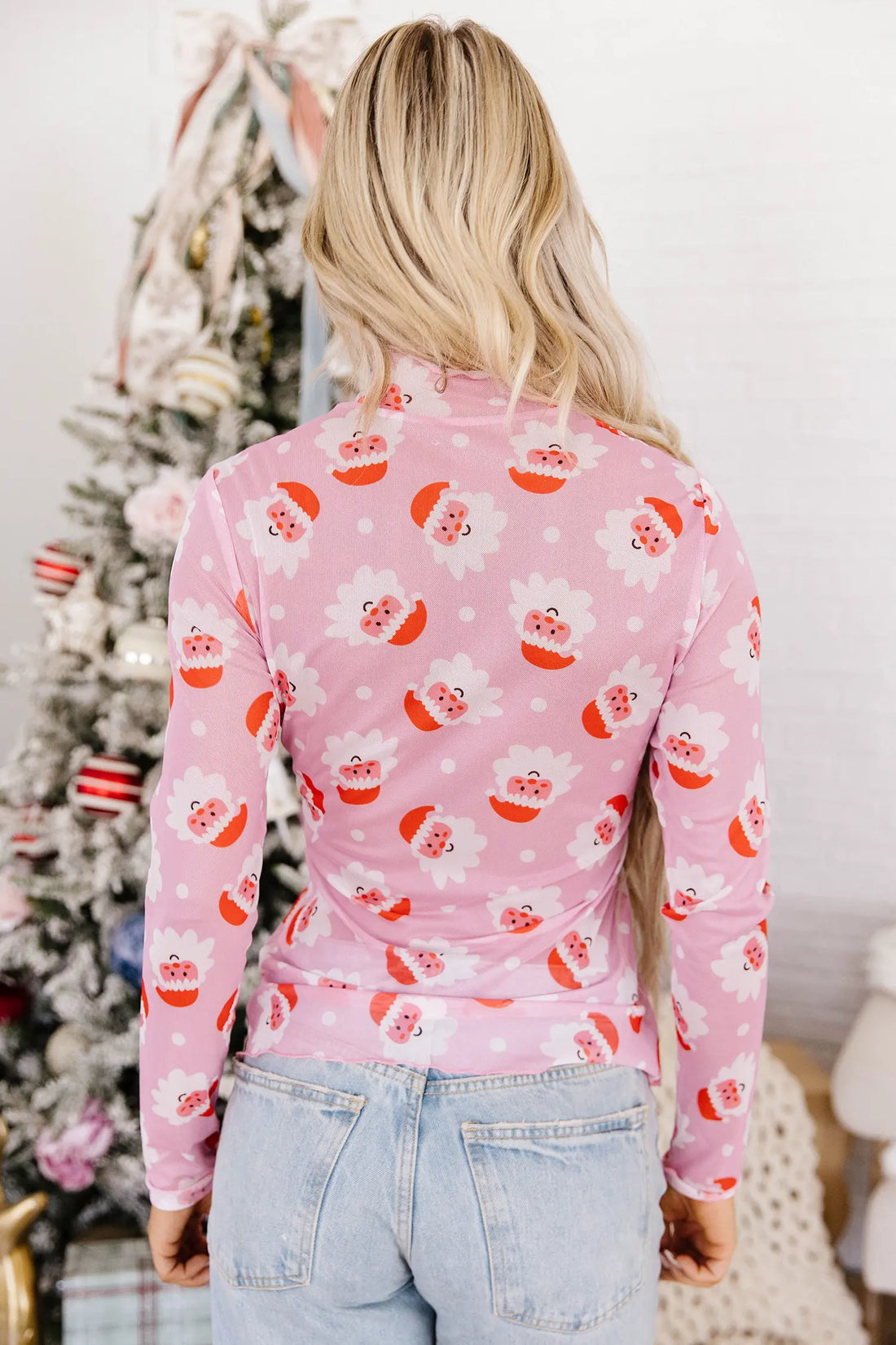 Abstract Santa Print Stand Neck Sheath Long Sleeve Top
