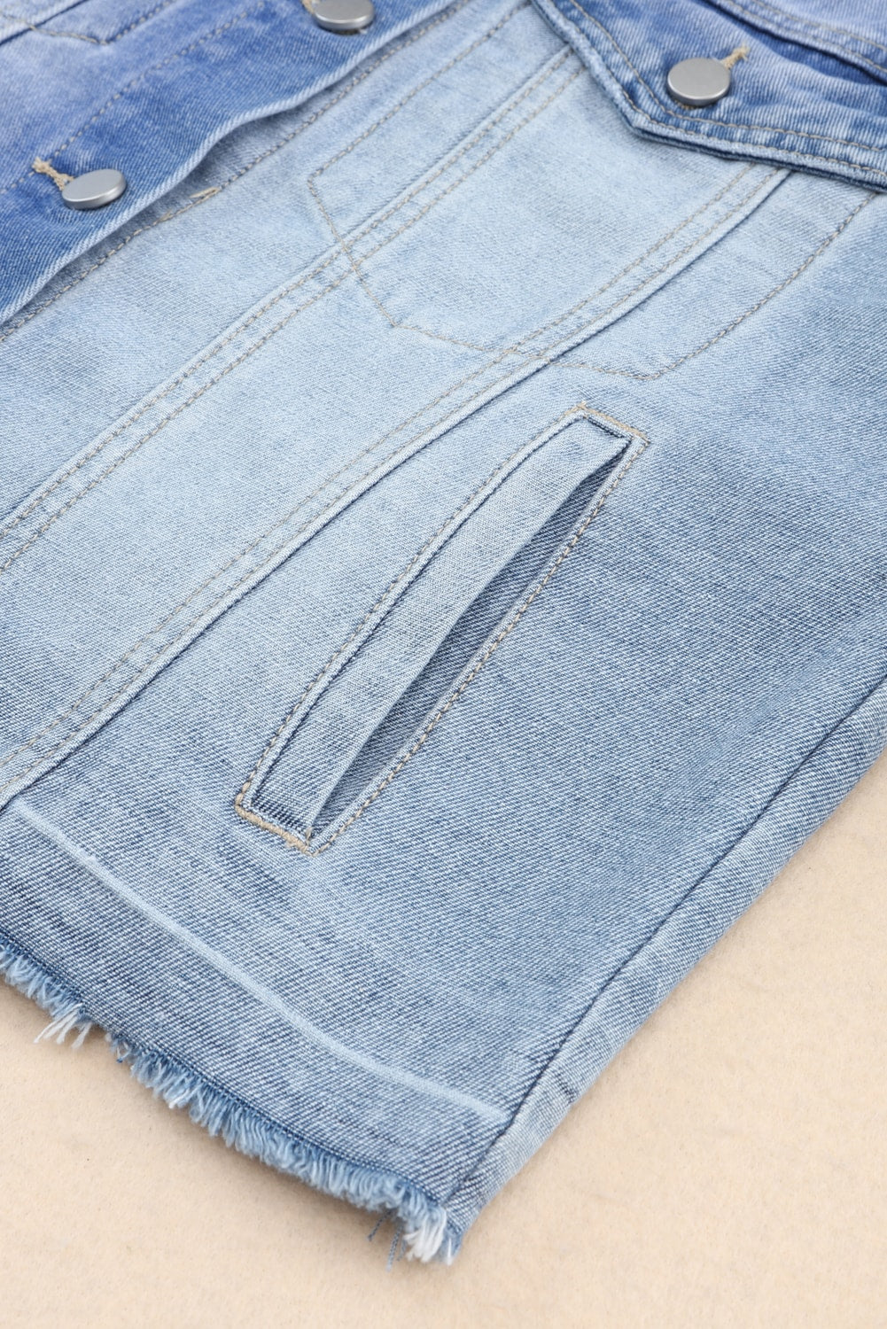 Sky Blue Colour Block Denim Patchwork Frayed Hem Jacket Beagle Boutique Fashion Outlet