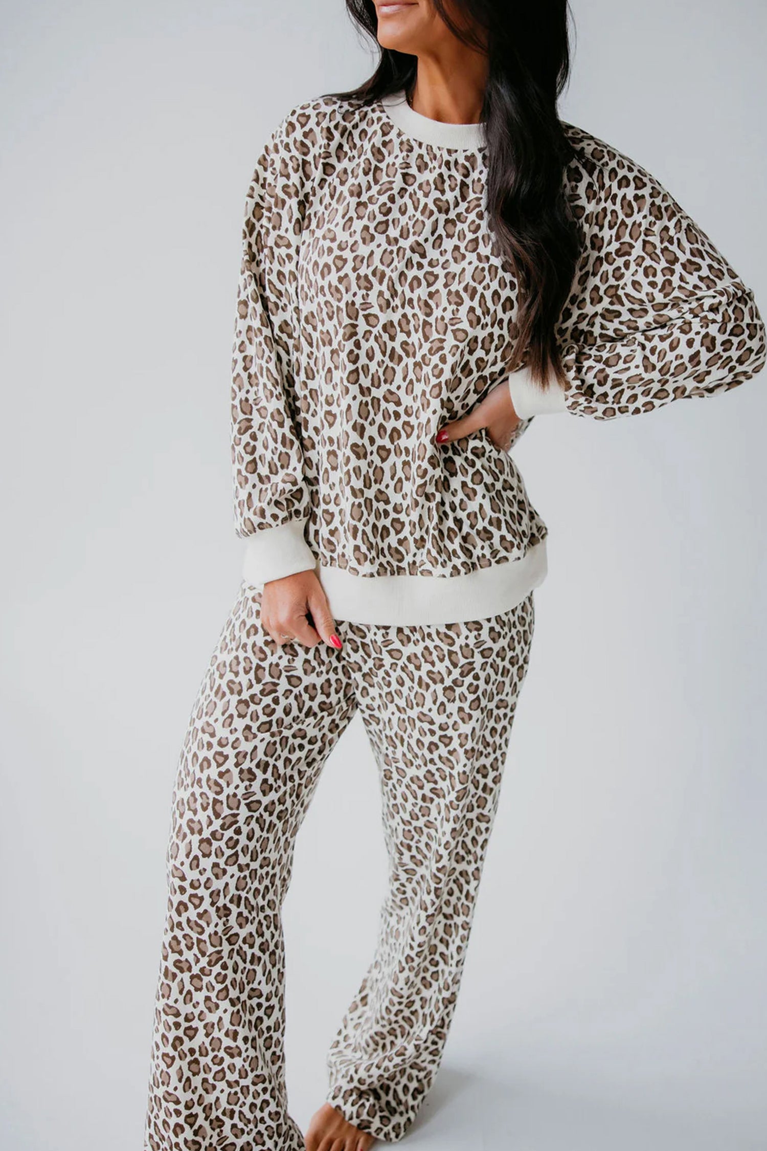 Leopard Print Embroidery Colorblock Details Pant Set – Khaki