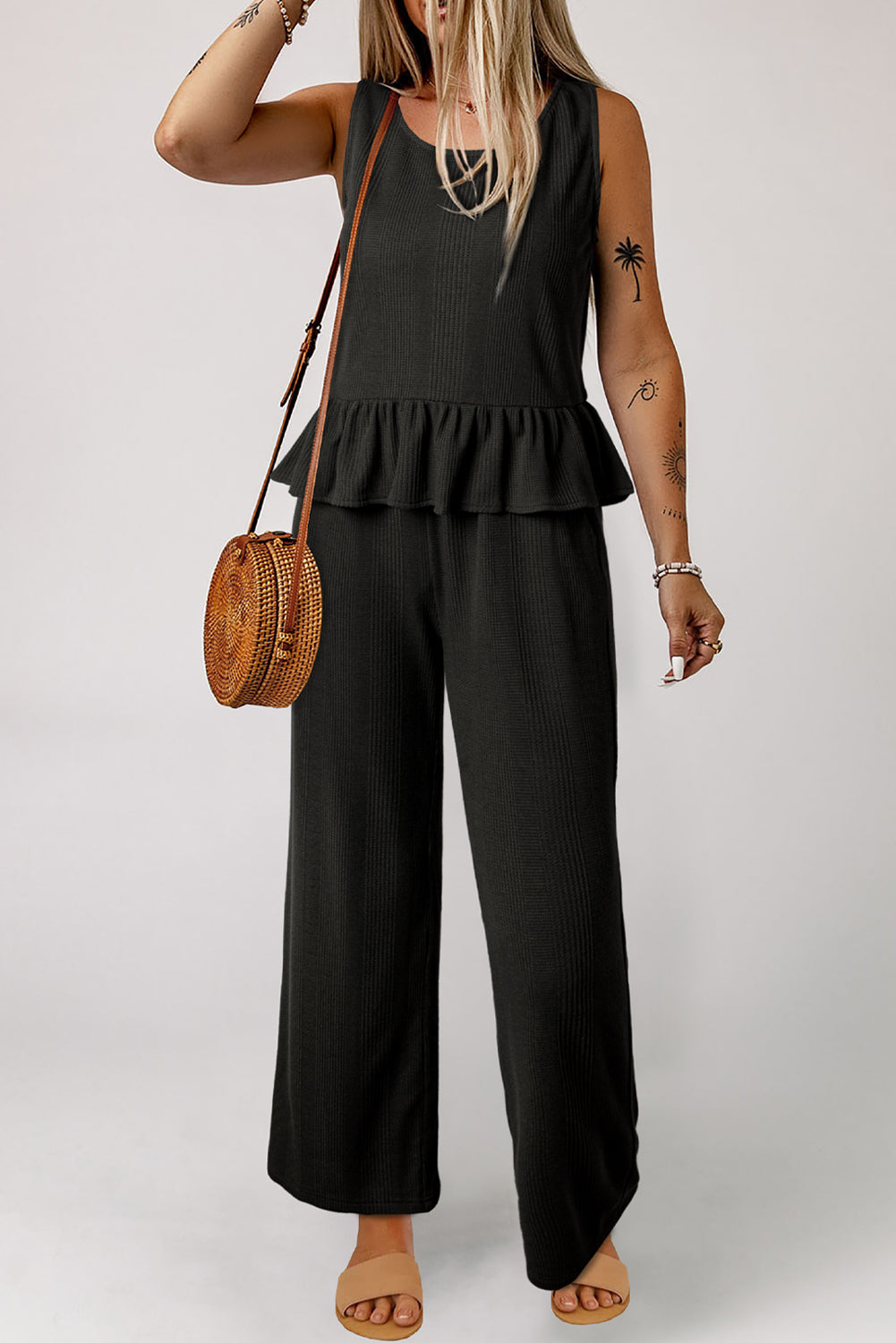Duffel Green Solid Colour Ribbed Ruffle Tank Top and Trousers Set eAura