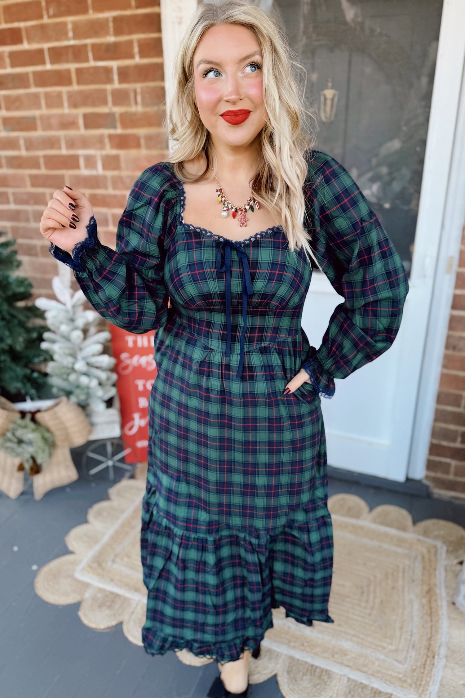 Vintage Plaid Square Neck Lace Trim Long Sleeve Shift Dress – Green