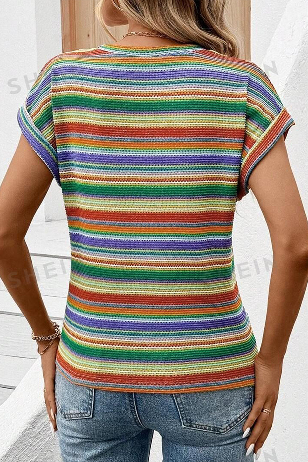 Multicolour Striped Pattern Twist Hem Short Sleeve Top eAura
