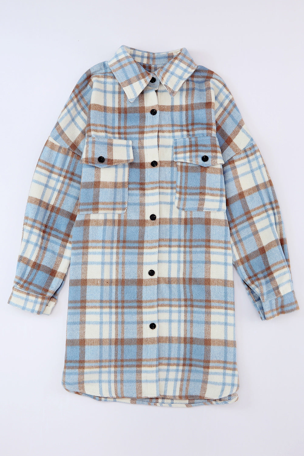 Sky Blue Plaid Flap Pocket Long Sleeve Shacket Beagle Boutique Fashion Outlet