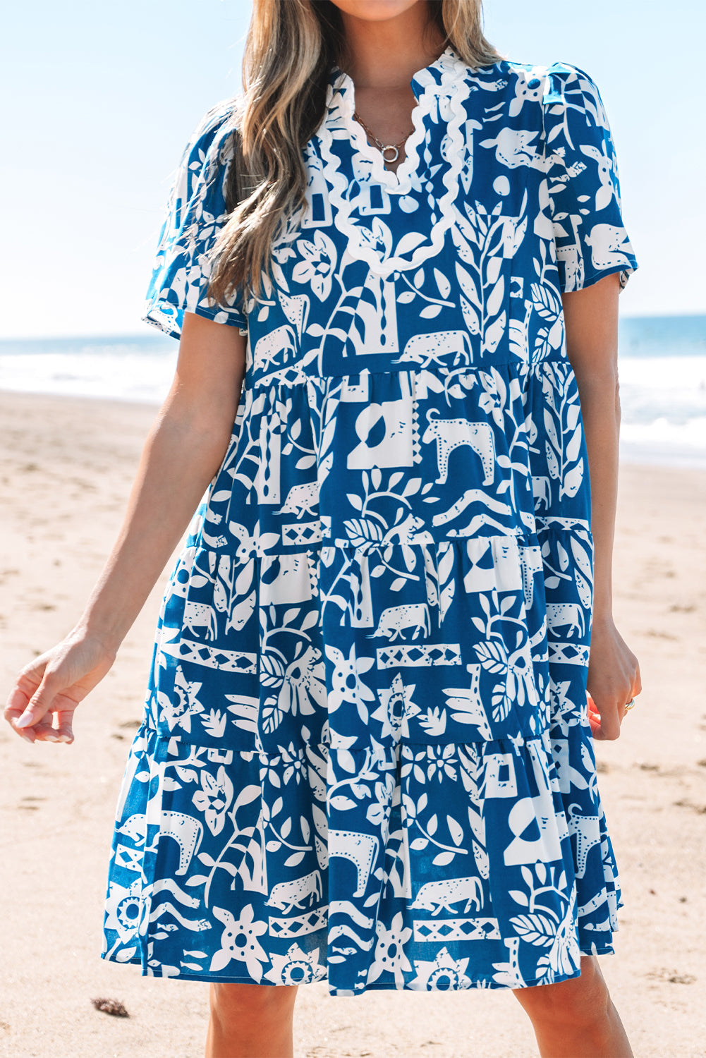 Blue Ricrac Trim Split Neck Floral Loose Dress eAura
