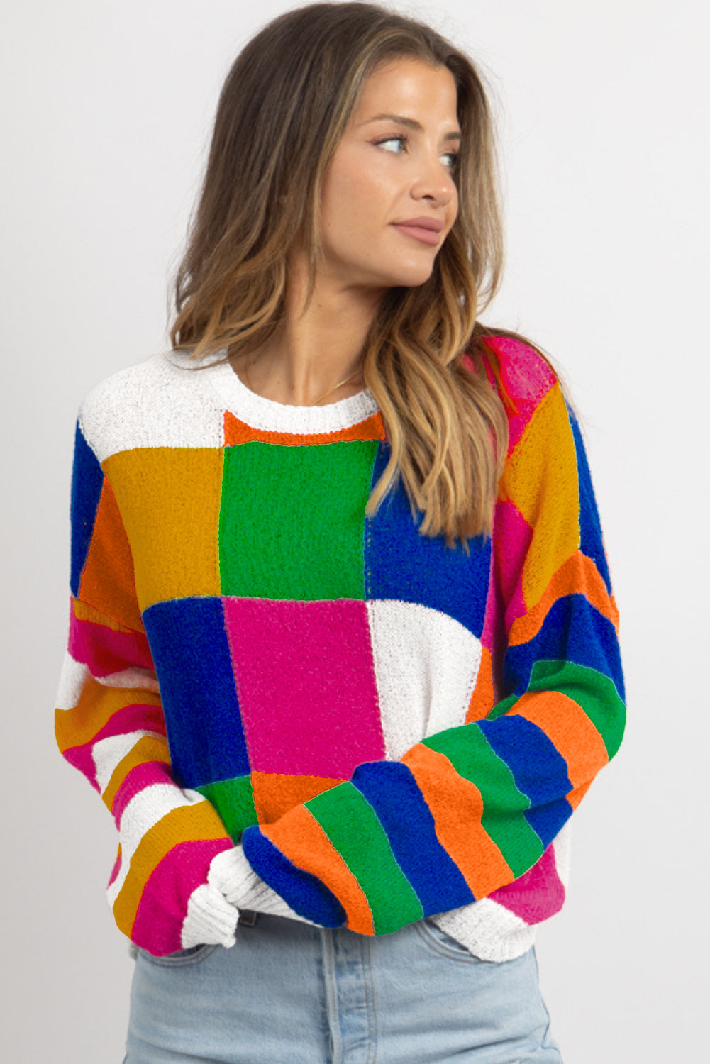 Orange Checkered Colour Block Round Neck Loose Sweater eAura