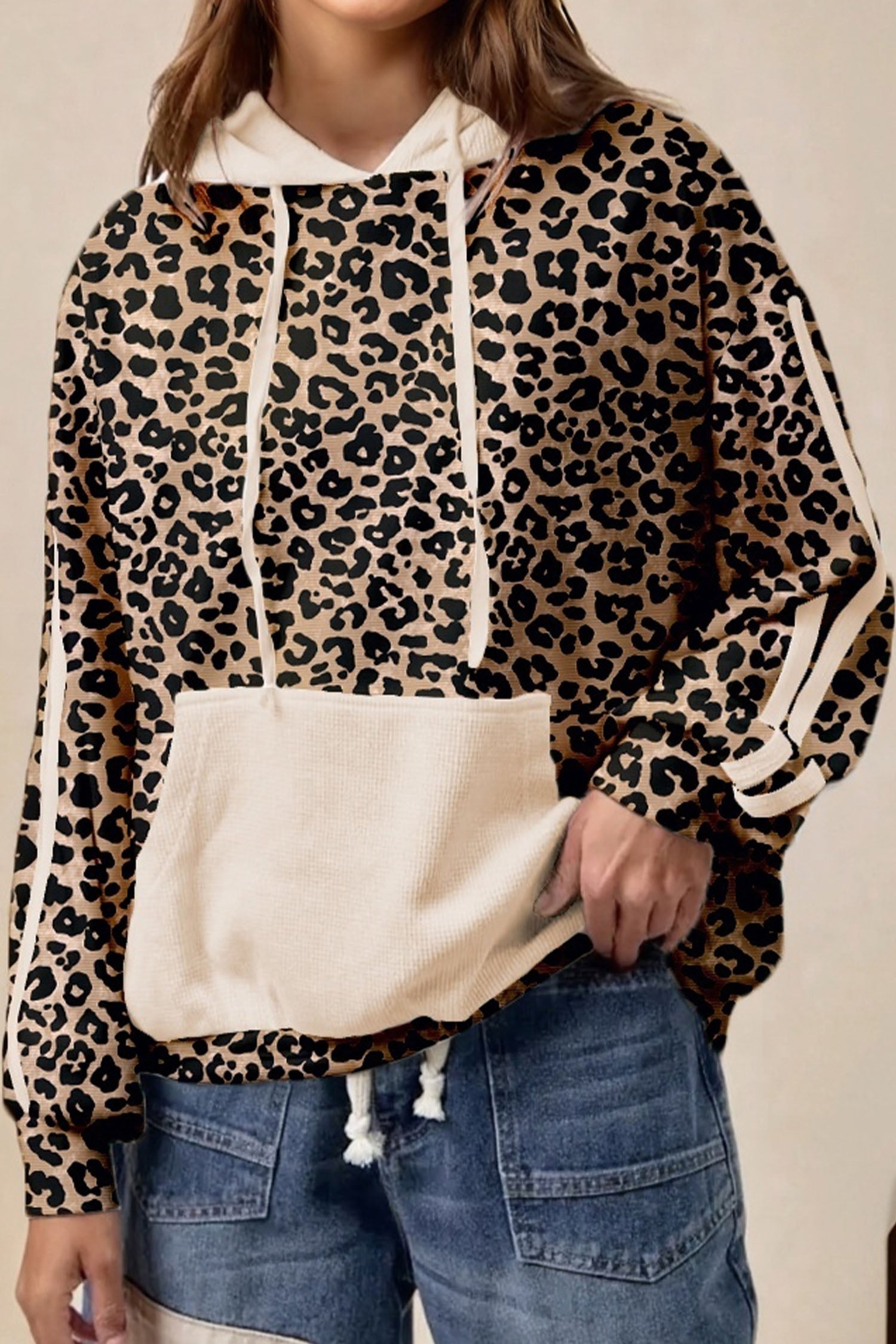 Leopard Print Waffle Contrast Kangaroo Pocket Hooded Sweatshirt - eAura