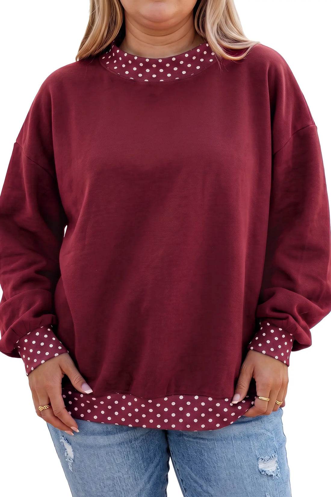 Polka Dot Patchwork Round Neck Plus Size Sweatshirt